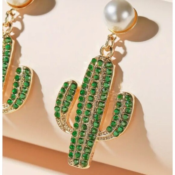 Gold Cactus Green Rhinestones Large Pearl Dangle Earrings - Picture 2 of 4